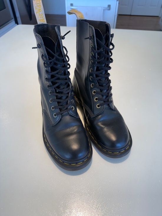 Dr. Martens Shoes - Doc Marten Black Leather Lace-Up Combat Boots with Yellow Stitching 8